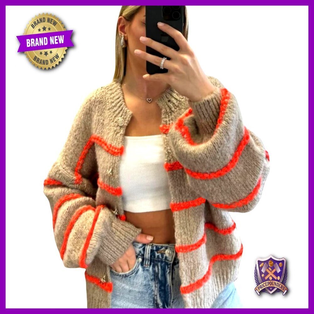 Oversized Striped Cardigan Knit Sweater Chic Button Down Long Sleeve Fall